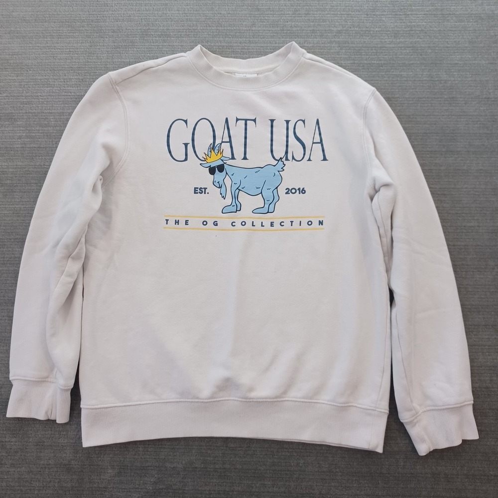 Goat USA Sweatshirt Mens Small White Crewneck Pullover Crown Goat Graphic